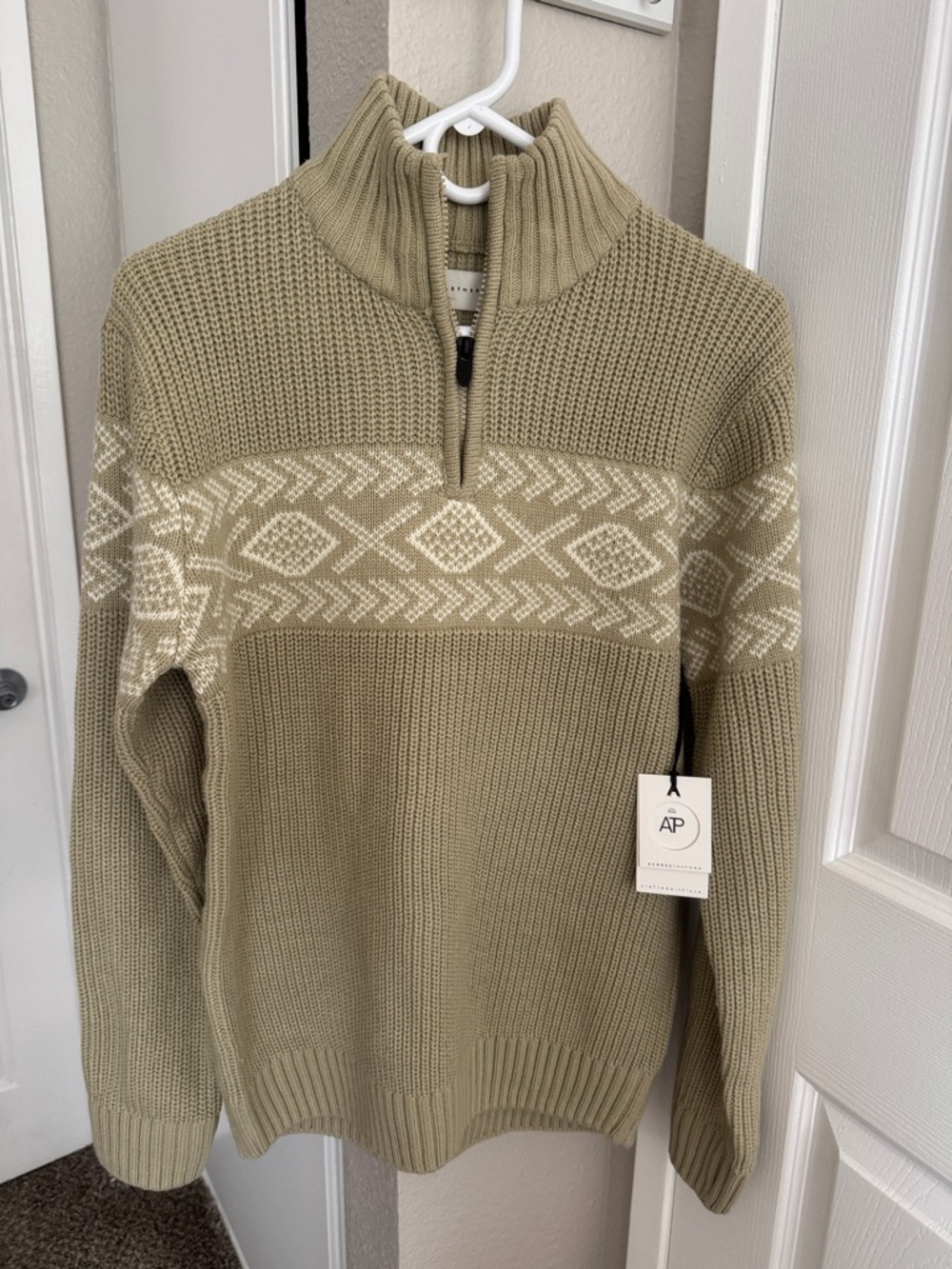 Men’s Half-Zip Knit Sweater in Tan with Cream Pattern
